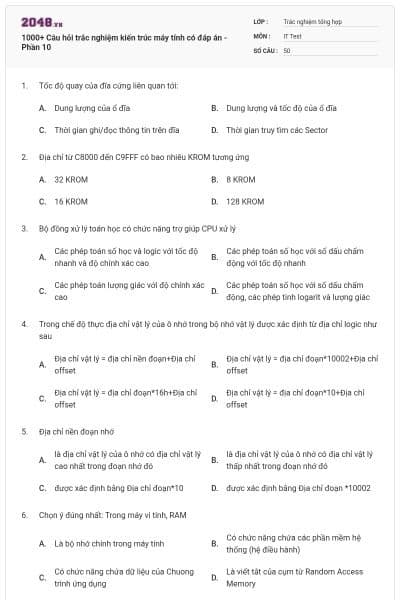 1000+ Câu hỏi trắc nghiệm kiến trúc máy tính có đáp án - Phần 10