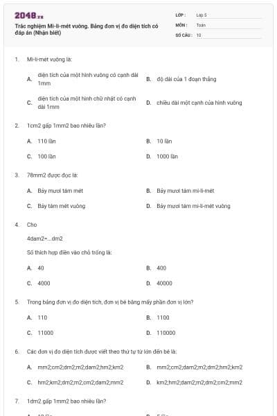 Trắc nghiệm Mi-li-mét vuông. Bảng đơn vị đo diện tích có đáp án (Nhận biết)