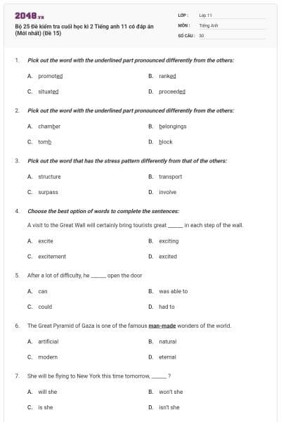 Bộ 25 Đề kiểm tra cuối học kì 2 Tiếng anh 11 có đáp án (Mới nhất) (Đề 15)