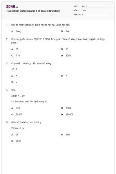 Trắc nghiệm Ôn tập chương 1 có đáp án (Nhận biết)