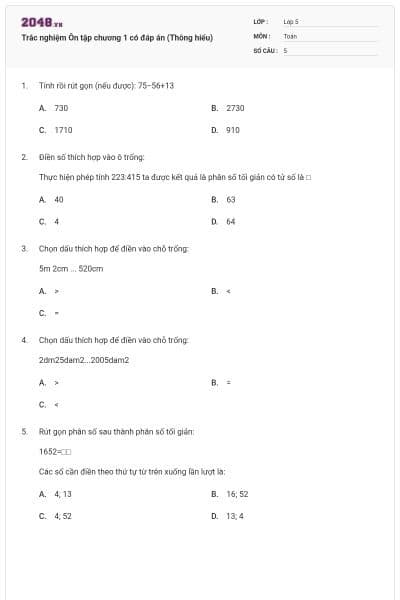 Trắc nghiệm Ôn tập chương 1 có đáp án (Thông hiểu)