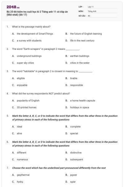 Bộ 25 Đề kiểm tra cuối học kì 2 Tiếng anh 11 có đáp án (Mới nhất) (Đề 17)