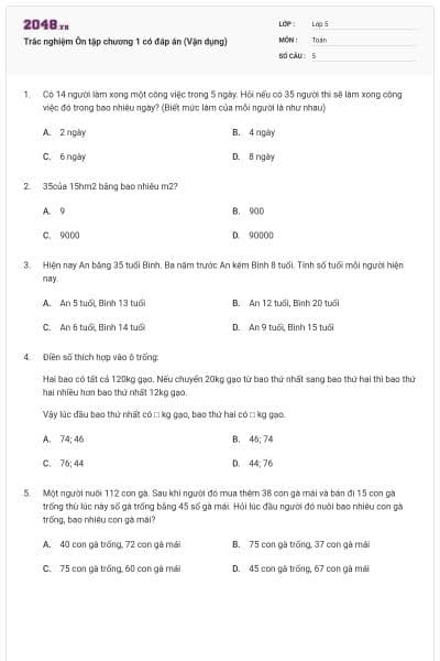 Trắc nghiệm Ôn tập chương 1 có đáp án (Vận dụng)