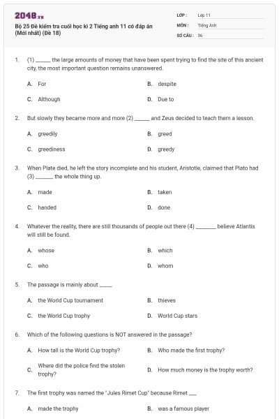 Bộ 25 Đề kiểm tra cuối học kì 2 Tiếng anh 11 có đáp án (Mới nhất) (Đề 18)