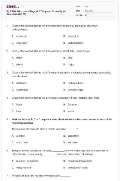 Bộ 25 Đề kiểm tra cuối học kì 2 Tiếng anh 11 có đáp án (Mới nhất) (Đề 20)
