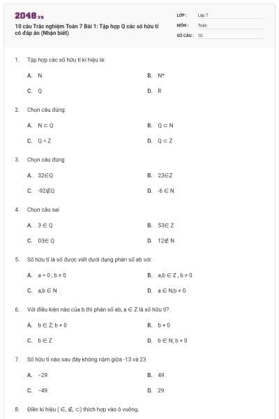 10 câu Trắc nghiệm Toán 7 Bài 1: Tập hợp Q các số hữu tỉ có đáp án (Nhận biết)