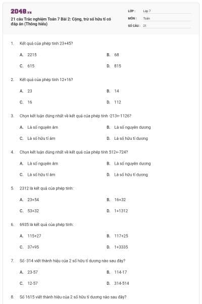 21 câu Trắc nghiệm Toán 7 Bài 2: Cộng, trừ số hữu tỉ có đáp án (Thông hiểu)