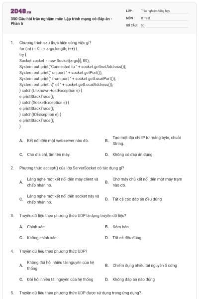 350 Câu hỏi trắc nghiệm môn Lập trình mạng  có đáp án - Phần 6