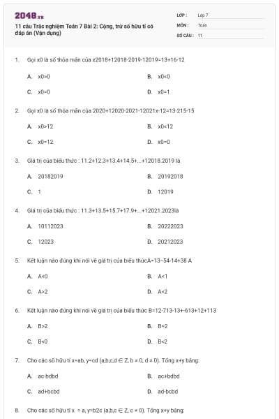 11 câu Trắc nghiệm Toán 7 Bài 2: Cộng, trừ số hữu tỉ có đáp án (Vận dụng)