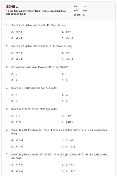 15 câu Trắc nghiệm Toán 7 Bài 2: Nhân, chia số hữu tỉ có đáp án (Vận dụng)
