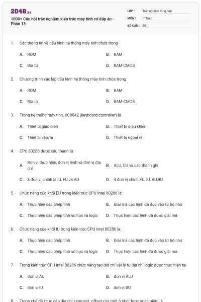 1000+ Câu hỏi trắc nghiệm kiến trúc máy tính có đáp án - Phần 13