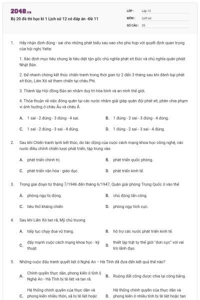 Bộ 20 đề thi học kì 1 Lịch sử 12 có đáp án -Đề 11