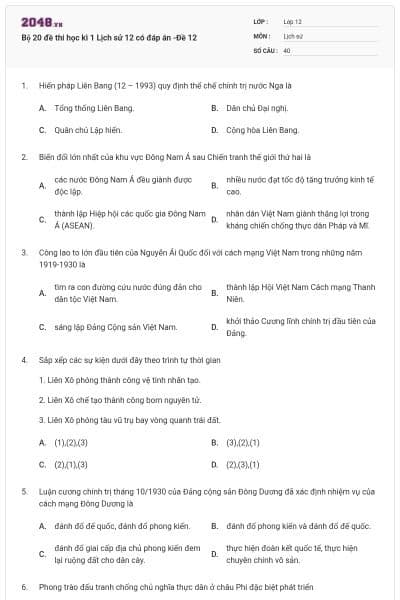Bộ 20 đề thi học kì 1 Lịch sử 12 có đáp án -Đề 12