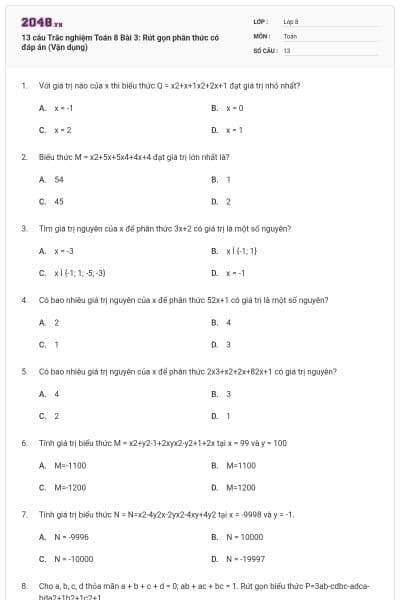13 câu Trắc nghiệm Toán 8 Bài 3: Rút gọn phân thức có đáp án (Vận dụng)