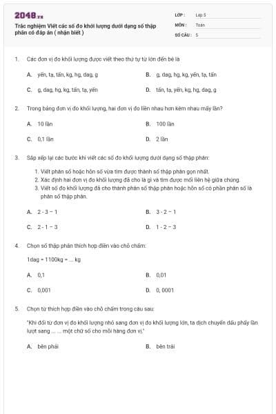 Trắc nghiệm Viết các số đo khới lượng dưới dạng số thập phân có đáp án ( nhận biết )