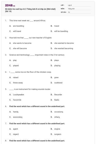 Đề kiểm tra cuối học kì 2 Tiếng Anh 8 có đáp án (Mới nhất) (Đề 14)