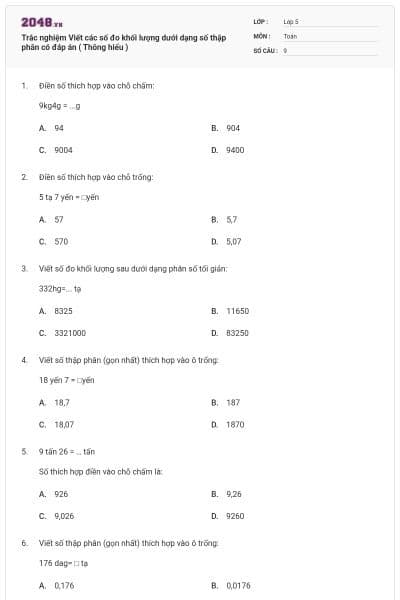 Trắc nghiệm Viết các số đo khối lượng dưới dạng số thập phân có đáp án ( Thông hiểu )
