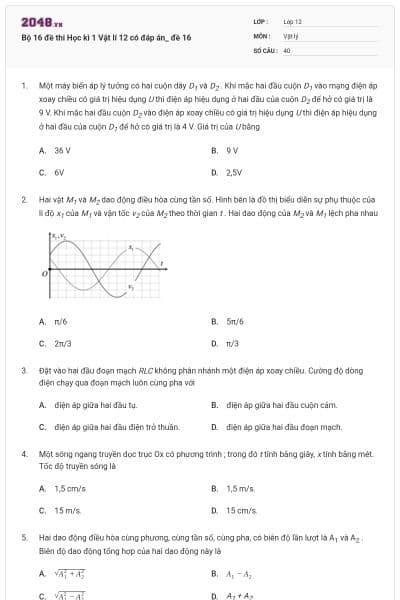 Bộ 16 đề thi Học kì 1 Vật lí 12 có đáp án_ đề 16