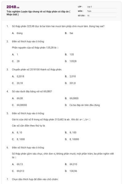 Trắc nghiệm Luyện tập chung về số thập phân có đáp án ( Nhận biết )