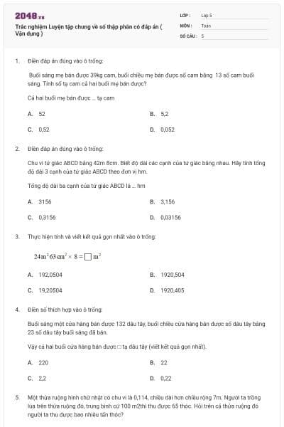 Trắc nghiệm Luyện tập chung về số thập phân có đáp án ( Vận dụng )