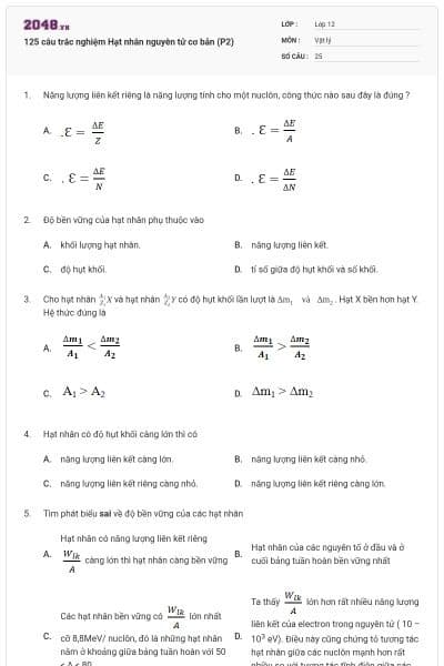 125 câu trắc nghiệm Hạt nhân nguyên tử cơ bản (P2)