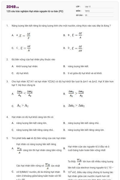 125 câu trắc nghiệm Hạt nhân nguyên tử cơ bản (P2)