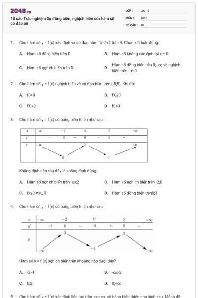10 câu Trắc nghiệm Sự đồng biến, nghịch biến của hàm số có đáp án
