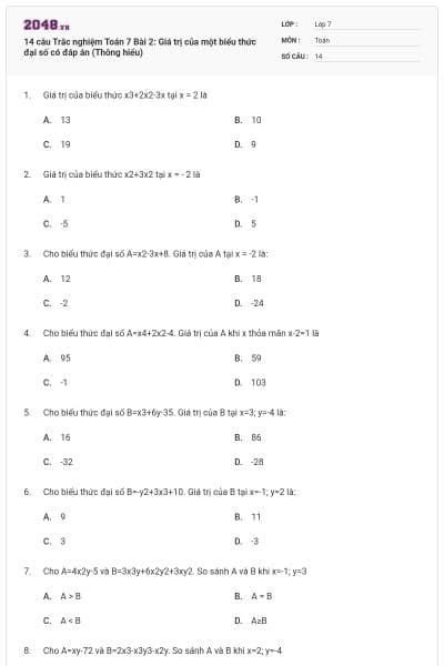 14 câu Trắc nghiệm Toán 7 Bài 2: Giá trị của một biểu thức đại số có đáp án (Thông hiểu)