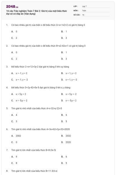 16 câu Trắc nghiệm Toán 7 Bài 2: Giá trị của một biểu thức đại số có đáp án (Vận dụng)