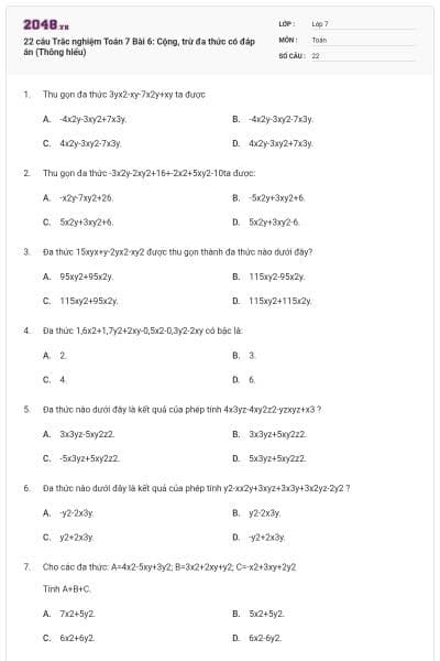 22 câu Trắc nghiệm Toán 7 Bài 6: Cộng, trừ đa thức có đáp án (Thông hiểu)
