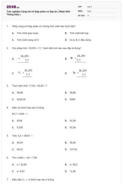 Trắc nghiệm Cộng hai số thập phân có đáp án ( Nhận biết- Thông hiểu )