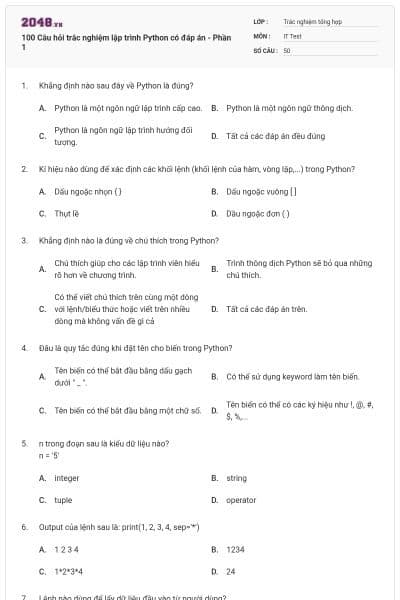 100 Câu hỏi trắc nghiệm lập trình Python có đáp án - Phần 1