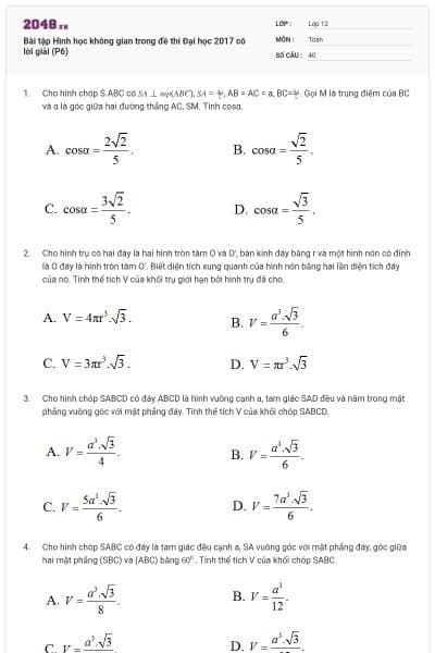 Bài tập Hình học không gian trong đề thi Đại học 2017 có lời giải (P6)