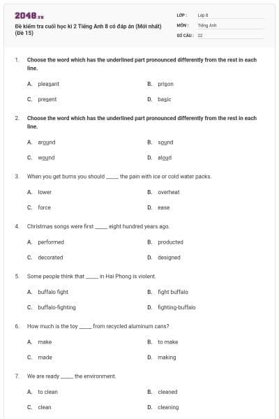 Đề kiểm tra cuối học kì 2 Tiếng Anh 8 có đáp án (Mới nhất) (Đề 15)
