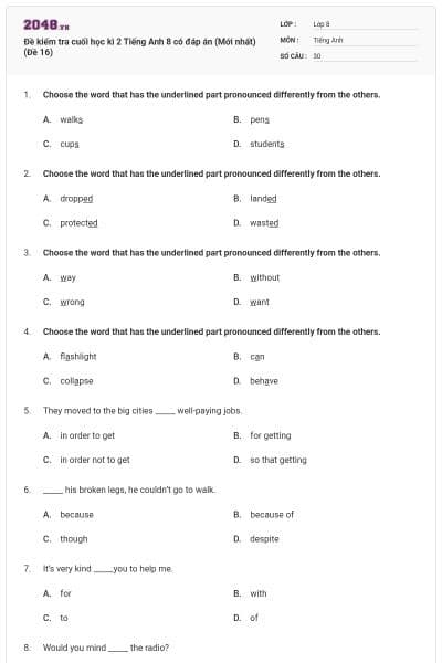 Đề kiểm tra cuối học kì 2 Tiếng Anh 8 có đáp án (Mới nhất) (Đề 16)