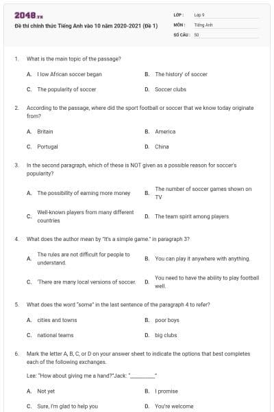Đề thi chính thức Tiếng Anh vào 10 năm 2020-2021 (Đề 1)