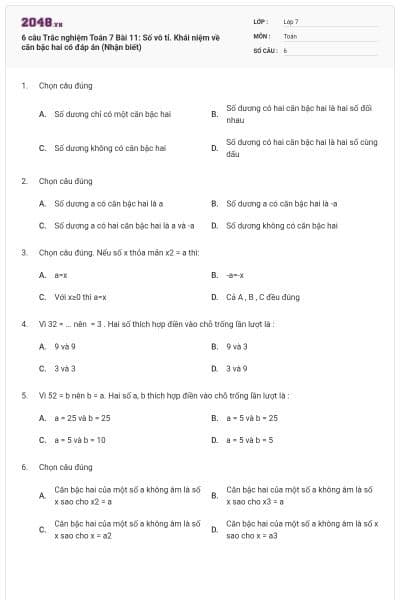 6 câu Trắc nghiệm Toán 7 Bài 11: Số vô tỉ. Khái niệm về căn bậc hai có đáp án (Nhận biết)