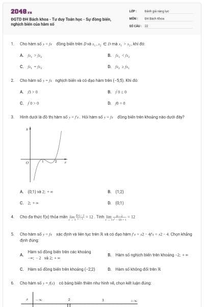 ĐGTD ĐH Bách khoa - Tư duy Toán học - Sự đồng biến, nghịch biến của hàm số