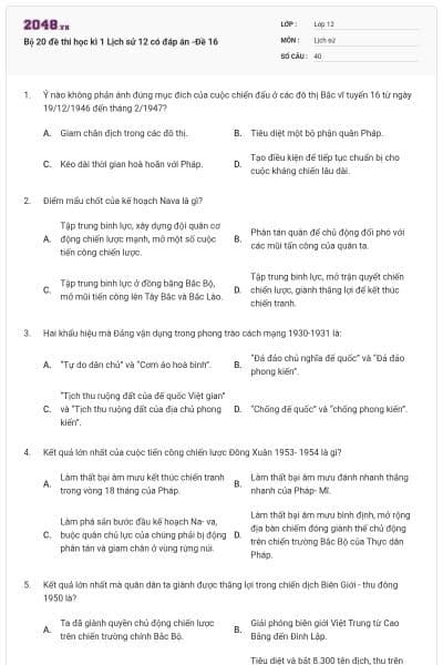 Bộ 20 đề thi học kì 1 Lịch sử 12 có đáp án -Đề 16