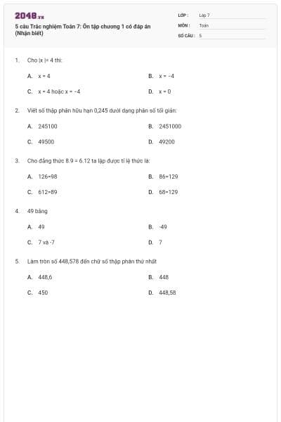 5 câu Trắc nghiệm Toán 7: Ôn tập chương 1 có đáp án (Nhận biết)
