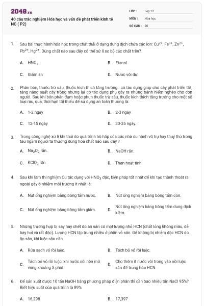 40 câu trắc nghiệm Hóa học và vấn đề phát triển kinh tế NC ( P2)