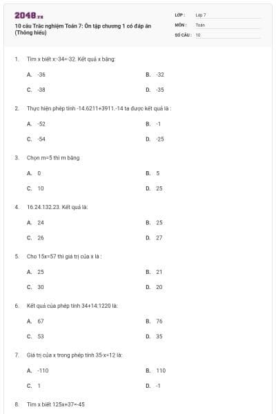10 câu Trắc nghiệm Toán 7: Ôn tập chương 1 có đáp án (Thông hiểu)