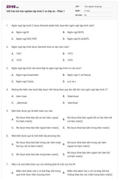 320 Câu hỏi trắc nghiệm lập trình C có đáp án - Phần 1