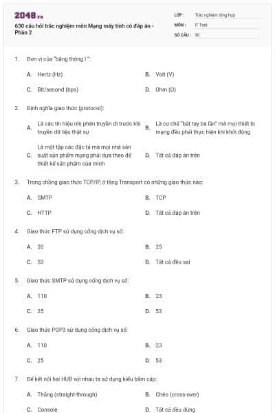 630 câu hỏi trắc nghiệm môn Mạng máy tính có đáp án - Phần 2