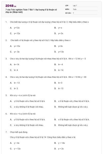 7 câu Trắc nghiệm Toán 7 Bài 1: Đại lượng tỉ lệ thuận có đáp án (Nhận biết)