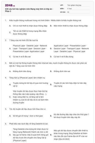 630 câu hỏi trắc nghiệm môn Mạng máy tính có đáp án - Phần 3