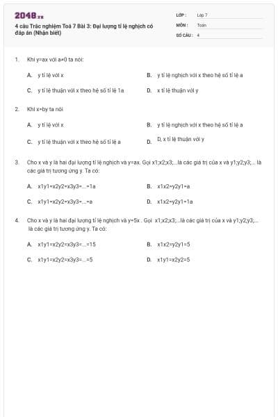 4 câu Trắc nghiệm Toá 7 Bài 3: Đại lượng tỉ lệ nghịch có đáp án (Nhận biết)