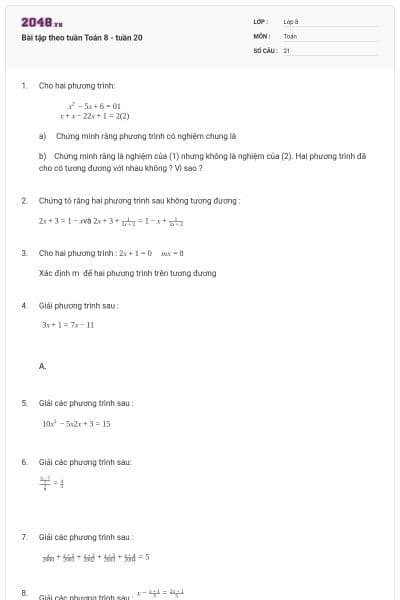 Bài tập theo tuần Toán 8 - tuần 20