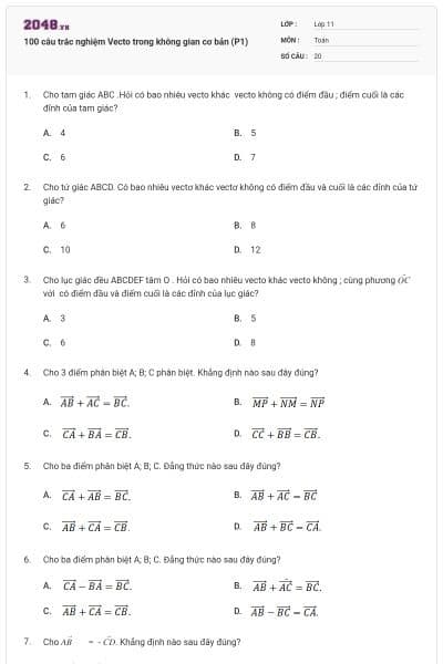 100 câu trắc nghiệm Vecto trong không gian cơ bản (P1)