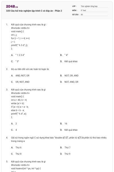 320 Câu hỏi trắc nghiệm lập trình C có đáp án - Phần 2